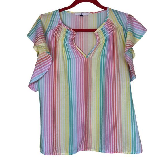 Michelle McDowell Sz M Penelope Pastel Rainbow Striped Smocked Ruffled Top - Picture 2 of 16